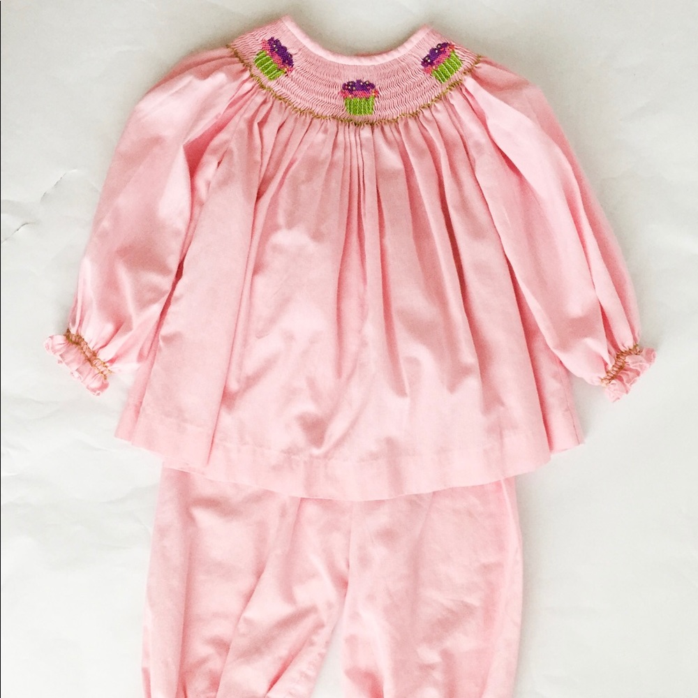 Smocked cupcake 2 piece pink bubble outfit 4T long